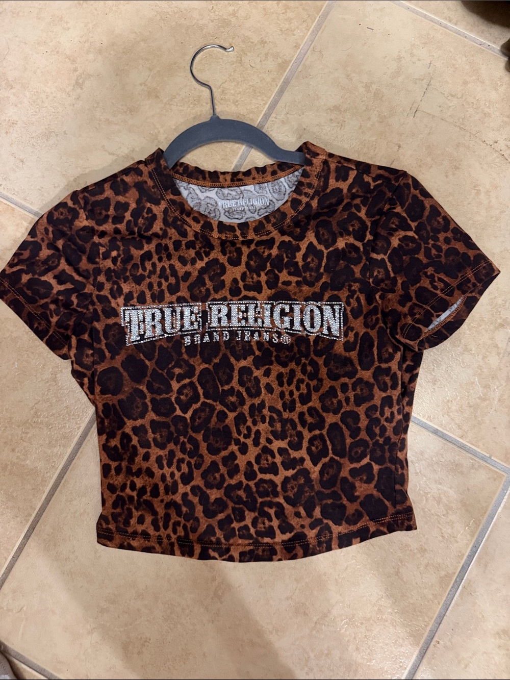 True Religion Leopard Print Rhinestone Logo Crop Top in Brown and Black